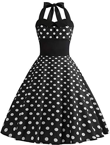 Robe Vintage Années 50 Femme Retro Rockabilly Pin Up Élégante Robes sans Manche Dos Nu Décolleté en Cœur Polka Dot Trapèze Mariage Cocktail Soirée Fête Cérémonie Décontractée au Genou Midi #Noir XXL