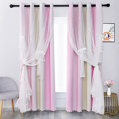 MINGPINHUIUS Star Curtain Blackout Curtains for Kids Girls Bedroom Living Room Double Layer Stars Curtains Elegant Drapes Star Window Curtain with Net Sheers, 2 Panels (Pink Yellow, 52 W x 83 L)