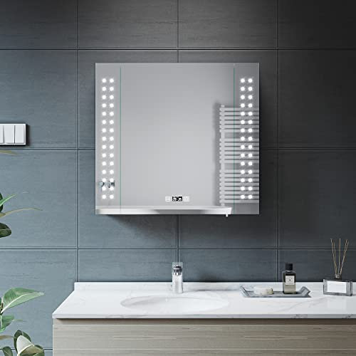 ELEGANT 650 x 600mm LED Illuminated Bathroom Mirror Cabinet with Shaver Socket, Stainless Steel Bathroom Wall Storage Mirror Cabinet with Dot Lights, Demister Pad Adjustable Shelves Storage Cupboard