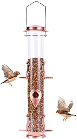 MIXXIDEA Vogelfutterspender aus Metallrohr für den Außenbereich, zum Aufhängen, für Wildvögel, 6 Anschlüsse, hängende Vogelfutterstation, zieht Vögel im Garten, Balkon an (Roségold)