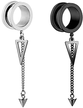 Gualiy 2 STK Flesh Tunnel Stahl, Ear Plug Tunnel 12mm mit Kette und Dreieck Anhänger Silber Schwarz Flesh Tunnel Plug