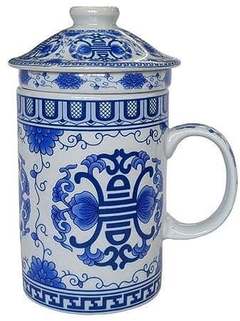 Porcelain Chinese Tea Mug with Infuser and Lid - Floral Longevity Pattern