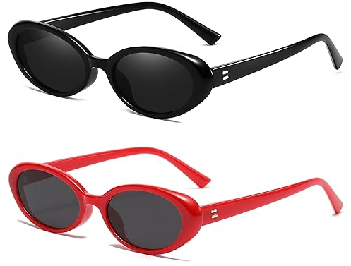 Breaksun Retro Oval Sonnenbrille für Damen Herren Mode Kleine Ovale Sonnenbrille 90er Vintage Shades, 2er-Pack (Schwarz/Grau + Rot/Grau), MM
