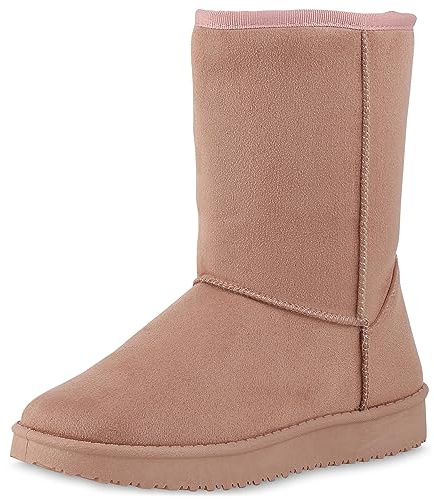 VAN HILL Damen Schlupfstiefel Warm Gefütterte Plateau Stiefel Profilsohle Winter Boots Wildleder-Optik Schuhe Bequeme Winterschuhe 611509 Pink 40