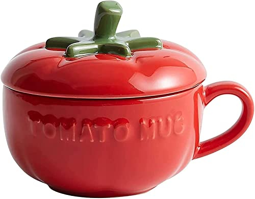 Tazones de sopa de cerámica, tazones de sopa con asas, tazones de sopa GINTON, taza de sopa Contenedor de café, té, tazones de sopa, lindo tomate con tapa y asa, taza de desayuno de cereales de cerámi