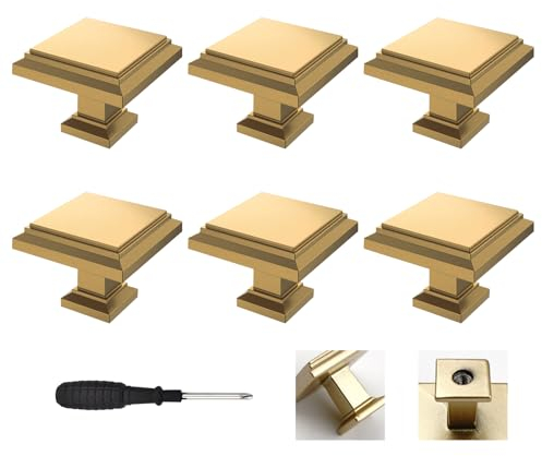 Wondora 6-Piece Aluminium Square Cabinet Handles Gold with Screws 1 Screwdriver for Handles for Kitchen Cabinets, Cupboard Door Knobs, Drawer Knobs, Door Knobs, Wine Cooler (Pearl Gold)