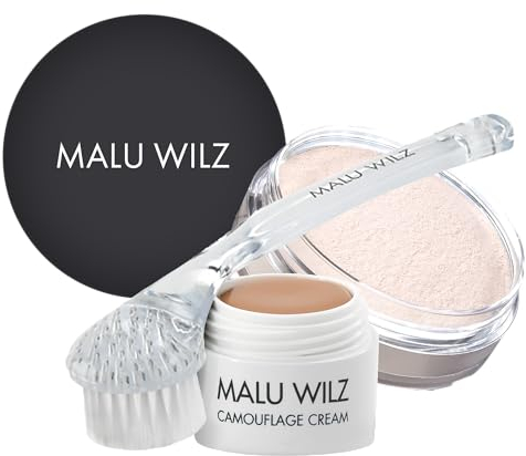 Malu Wilz Make up Set mit Fixing Powder 15g, Reinigungsbürste & Camouflage Creme Nr. 03 I Fixierpuder, Gesichtsbürste & Foundation in einem Beauty Set
