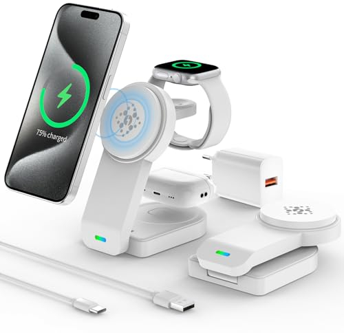 QUVFHE Magnetisches Faltbarer kabelloses Ladegerät für Apple,3 in 1 kabellose Ladestation für iPhone Air 17 16 15 14 13 12 etc,iWatch,AirPod 4 3 2(Weiß)
