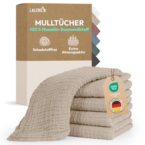 Laleni Spucktücher Baby im 10er Set aus Reiner Baumwolle - schadstofffreie Mulltücher Baby 70x70 - zert.saugstarke Mussellintücher weich - Musselin Tuch als Mullwindel waschbare Mulltücher - Beige