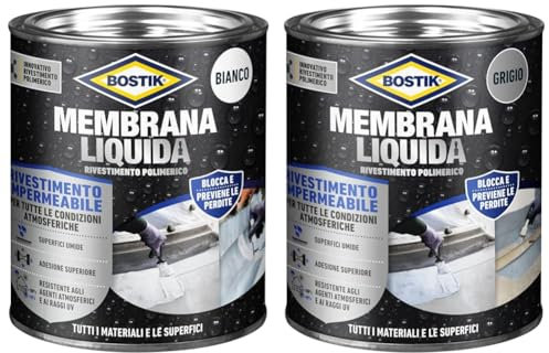 Bostik Membrana Liquida Rivestimento Polimerico impermeabilizzante elastico Bianco Latta 1kg & Membrana Liquida Rivestimento Polimerico impermeabilizzante elastico Grigio Latta 1kg