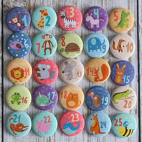 HERZONE Adventskalender Zahlen Buttons Anstecknadeln zum Dekorieren von Adventskalendern mit Zahlen von 1-25 Ideal für Stoffsäckchen, Tüten und Beutel (color animals)