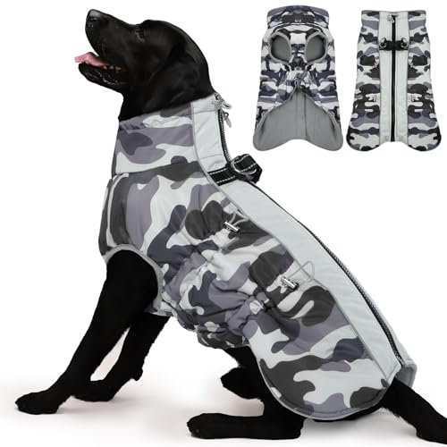 Katzinst Fleece Hundemantel Grosse Hunde, Winddicht Hundejacke mit Reißverschluss Hinten und Rollkragen, Perfekt für Kalte Wintertage, Hundemantel Labrador, Dobermann, Grau, 2XL