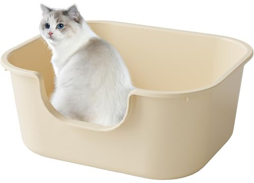 Pawsayes Top Open Cat Litter Tray with High Sided and Low Threshold Entry Cats Litter Box, Leak Proof and Cat Litter Splash Prevention Litter Pan (Khaki)