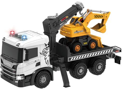 Cheerful Toys Großes Abschleppwagen Spielzeug 48.5cm - Scania 1:50 LKW Lastwagen mit Bagger, Sound und Licht, Abschleppauto für Kinder Jungen 3 4 5 6 7 8 Jahre