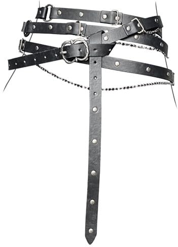 HiiFeuer Mittelalterlicher DIY-Kunstleder-Metallkettengürtel, Vintage Verstellbarer dünner Gürtel für Frauen, Retro Skinny Gürtel für Kleider (Schwarz A)