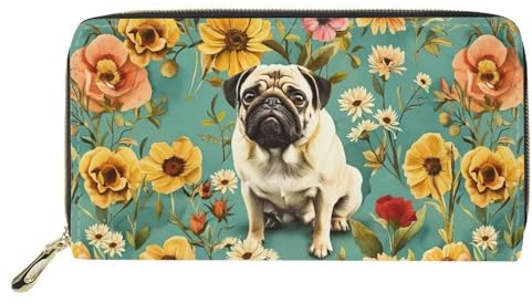 Mumeson Hipster gemusterte Damen-Geldbörse, Clutch, Reißverschluss, PU-Leder, Kartenhalter, Mops-Blume, Einheitsgröße