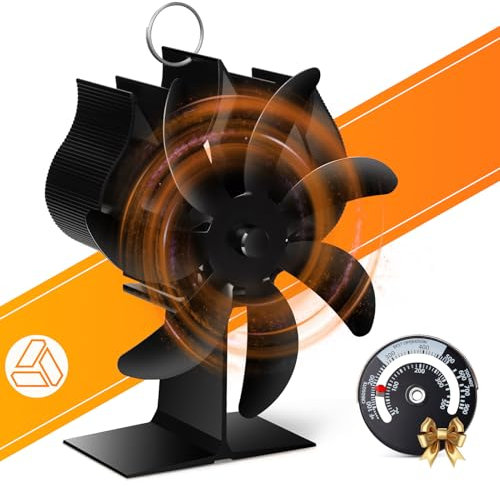 Nauotk Ofenventilator aus Holz, 7 Seiten, leise, Ofenventilator mit Thermometer, umweltfreundlich, wärmebetrieben, Ofenventilator für Pelletöfen, Holzofen