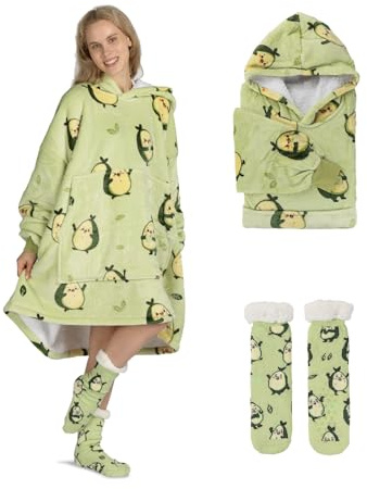 Vitapur Hoodie Decke Avocado Mint XXL Kuschelpullover & Deckenpullover mit Kuschelsocken | Übergroße Decke zum Anziehen | Kuscheliger Oversize Decken Hoodie für Damen & Herren