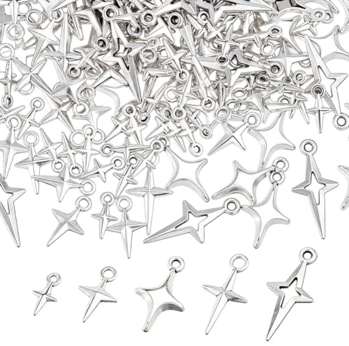 SUPERFINDINGS 200 Stück 5 Stile Silberner Sternanhänger Nordsternanhänger Tibetischer Stil Legierung Anhänger Großhohlspitzstern Anhänger Für DIY Handwerkskette Armband Anhängers Schlüsselanhänger