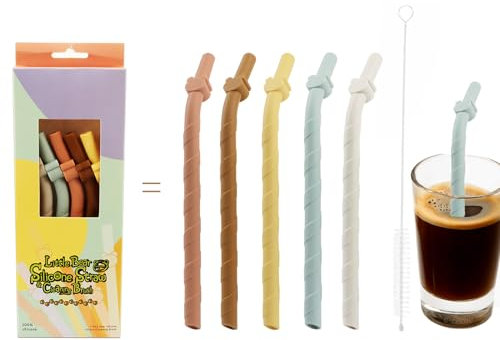 Wjelet 5PCS Wide Silicone Straws Set with 1 Cleaning Brushes，BPA-Free Heat-Resistant Reusable Straws Drinking for Boba Smoothies Bubble Tea Bent Straws for Family Bars Cafes Restaurants