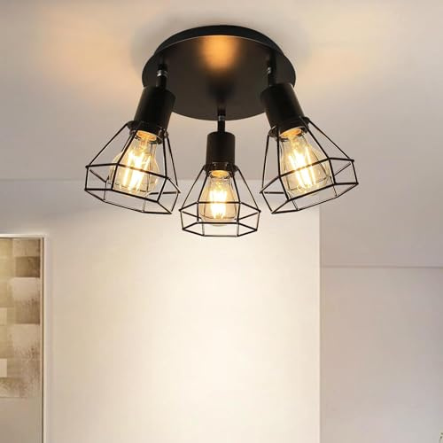 Unikcst LED Deckenstrahler 3 Flammig Schwarz E27 Deckenlampe LED Schwenkbar 350° Vintage Metall Deckenleuchte Wandlampen Wohnzimmerlampe Küchenlampe Deckenspots für Wohnungen Gewerbe Ohne Leuchtmittel