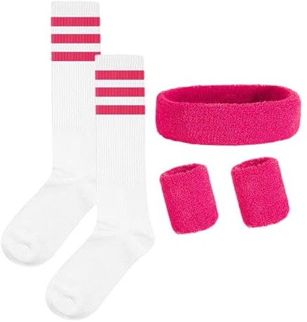 Werownsgso 5 Stück Gestreifte Schweißbänder, 80er Jahre Outfit Damen Accessoires mit Gestreiftes Stirnband Wristbands Socken, Sport Stirnbänder Set für Fitness Sport Retro Party