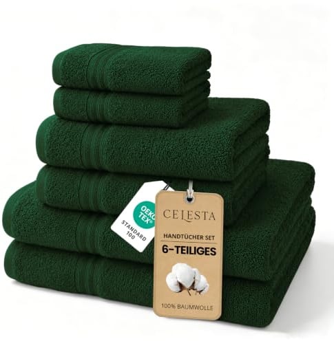 CELESTA 6‑teiliges Handtücher‑Set, 100% Baumwolle Frottee, Grün | OEKO‑TEX zertifiziert, atmungsaktiv, saugstark & weich, mit Aufhänger, enthält 2 Handtücher, 2 Duschtücher, 2 Gästetücher