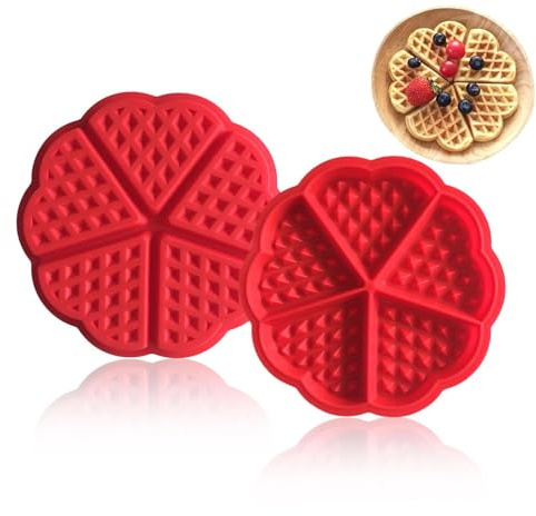 JOOTUEPO 2 Stück Silikon Waffelformen, antihaftbeschichtet, Mini Herz Muffinform, mit 5 Mulden, Pfannkuchenform, Backwerkzeug (rot)