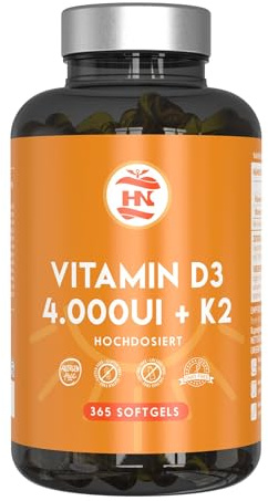 Vitamina D - 365 Cápsulas de vitamina D3 K2 – Vitamina D (4000 UI) altamente concentrada. Favorece la función inmunológica y ósea - 365 cápsulas