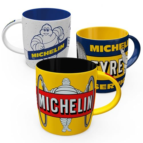 Nostalgic-Art Retro Kaffeebecher (3er-Set), 330 ml, Michelin Set 1 | Original MICHELIN Lizenzprodukt (OLP), Keramik-Tasse für Kaffee, Vintage Design, Reifen-Deko, Geschenk-Idee für Motor-Fans
