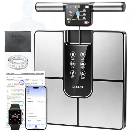 DEKABR Intelligente Waage für Körpergewicht, 8 Elektroden, digitale Personenwaage für Körperfett, BMI-Muskelmasse, 57 Körperzusammensetzung mit Sprachansage, TFT-LCD auf einziehbarem Griff für Zuhause