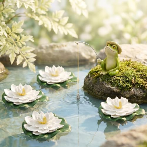 4 Schwimmende Blumen + 1 Garten Angler Frosch Figur aus Harz, Teich Deko