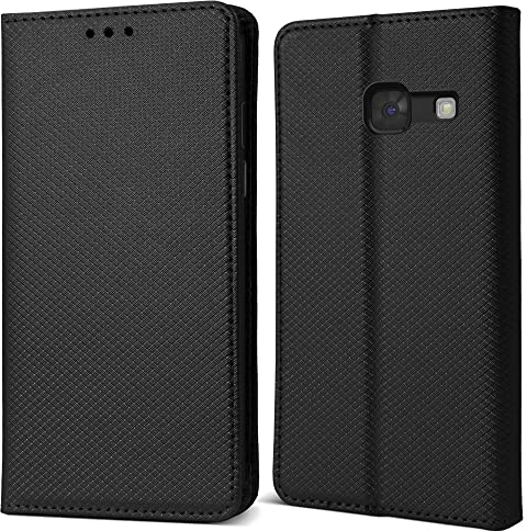 Moozy Hülle Flip Case für Samsung A3 2017, Schwarz - Dünne Magnetische Klapphülle Handyhülle mit Kartenfach und Standfunktion