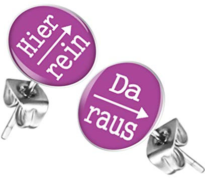 Mianova Ohrstecker Studs Buttons Silber Platte mit Spruch Hier rein, Da raus - 12mm in Lila