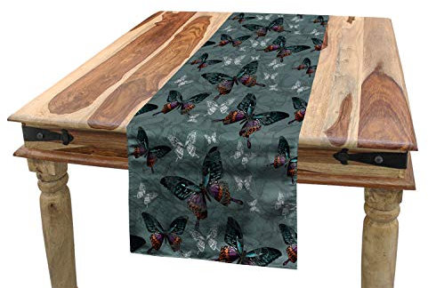 ABAKUHAUS Schmetterling Tischläufer, Vintage-Elemente, Esszimmer Küche Rechteckiger Dekorativer Tischläufer, 40 x 180 cm, Grau Blau