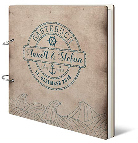Hochzeit Gästebuch Holzcover 215 x 215 mm 144 Naturpapier Innenseiten personalisiert - Maritim