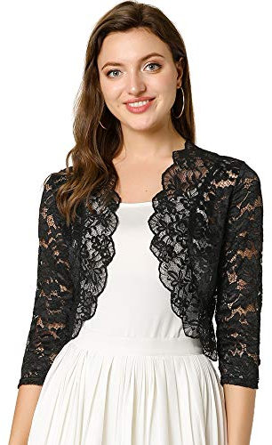 Allegra K Día de San Patricio Cárdigan Toreras Top De Encaje Floral Transparente Manga 3/4 Elegante para Mujer Negro L