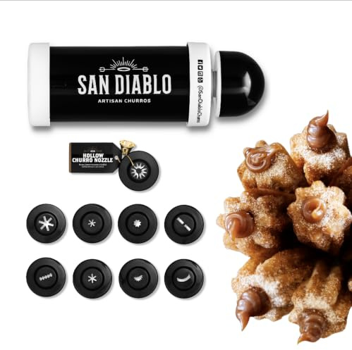 San Diablo Artisan Churros – Gadget de cuisine gourmet avec buse creuse pour churros remplis + 8 autres buses + E-book gratuit de recettes des meilleurs chefs et gourmets