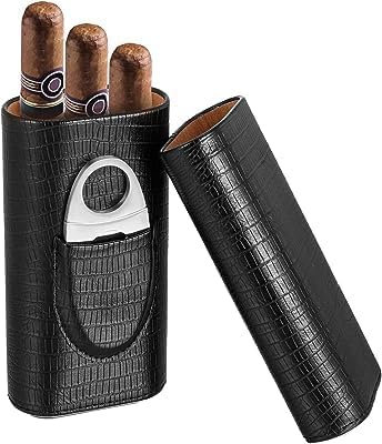 Kathlen Funda para cigarros – Funda de Piel portátil para cigarros con Tapa para cigarros Forrada de Madera de Cedro con Corte (para 3 Puros)(Negro)