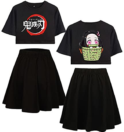 Yumenam Damen Crop Top und Rock 2 Stück Anzug Kamado Nezuko Gedruckt Sommer Kurzarm T-Shirts + Rock Pyjama-Set Trainingsanzüge Cosplay Outfits für Anime Fans