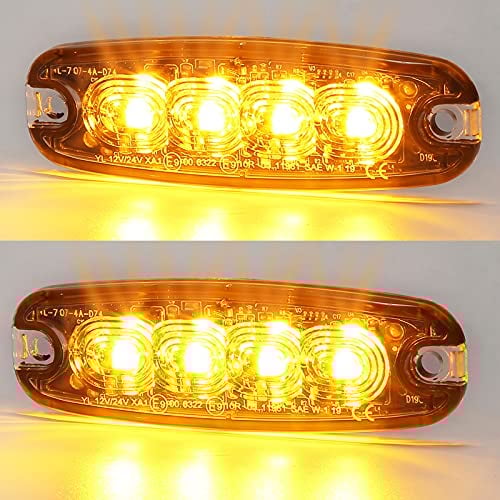AGRISHOP 12V/24V 4LED Warnlicht Stroboskoplicht,Led Frontblitzer Amber Blitzer,Seite Warnung Blinklichter led Gelb Blitzmodul Warnleuchten Bernstein Bar Wasserdicht für Kühlergrill Dach E9 ECE R65R10