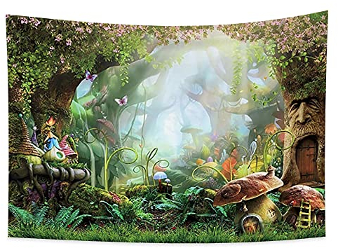 Haoyiyi 100x70cm Pilz Wald Wandteppich Elfen Häuschen Psychedelischer Wald Cartoon Wandbehang Blumen Zauberwald FrühlingsszeneWandteppich Abstrakt Wandkunst Spezielles Design für Schlafzimmerdekor