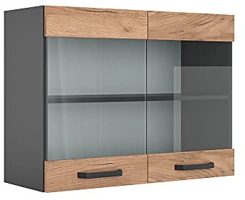 Vicco Meuble de Cuisine Haut vitré R-Line, Chêne de Force doré/Anthracite, 80 cm
