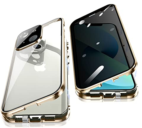 Jonwelsy Anti Peeping Case for iPhone 13 (6.1), 360 Degree Front and Back Privacy Tempered Glass Cover, Magnetic Adsorption Metal Bumper (Gold)