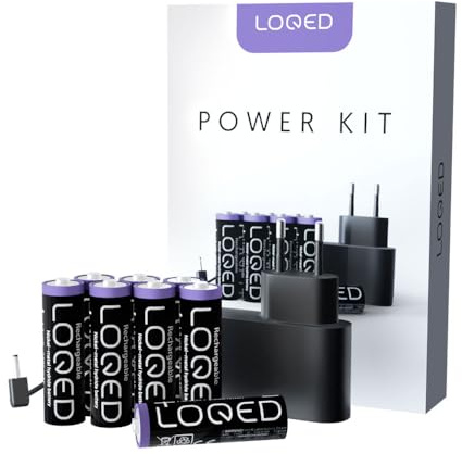 LOQED Power Kit - 8 wiederaufladbare AA-Batterien inbegriffen, 3-Meter-Ladekabel für Flexible Platzierung, Kompakter Netzadapter inklusive, Perfekte Ergänzung für das LOQED Touch Smart Lock