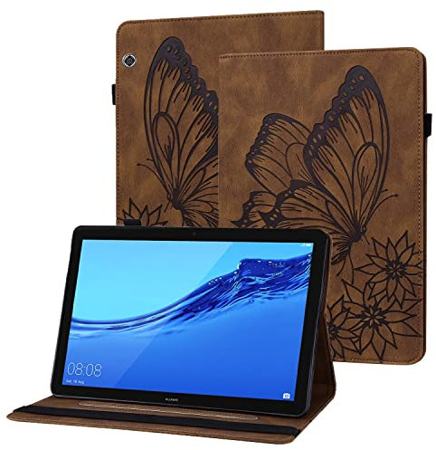 Rostsant Funda Huawei Mediapad T5 10 Carcasa de Cuero PU Relieve de Mariposa con Soporte para Bolígrafo Funda Tableta para Huawei Mediapad T5 10.1 Pulgada 2018 AGS-L09/AGS-L03/AGS-W09 - Marrón