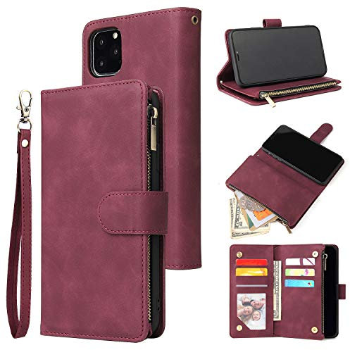 UEEBAI Wallet Case for iPhone 12 iPhone 12 Pro 6.1 inch, Premium Glitter PU Leather Case Magnetic Closure Bling Handbag Zipper Pocket Case Kickstand Card Holder Slots Shockproof Flip Cover - Wine Red