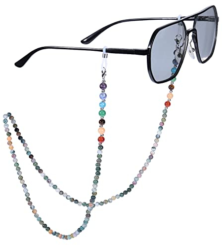KYEYGWO Colourful Beaded Glasses Chain for Women Men, Indian Agate Crystal Eyeglass Holder Necklace Face Mask Lanyards Spectacle Chains for Glasses Around Neck
