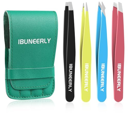 iBuneerly Eyebrows Tweezers Set, 4Pcs Stainless Steel Tweezers for Women with Travel Case, Great Precision for Ingrown Hair, Facial Hair and Splinter Removal