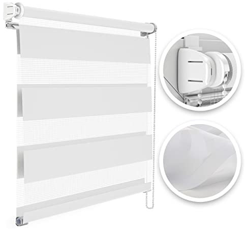 Estika Doppelrollo Montage ohne Bohren - Stoffbreite: 95 cm, Höhe: 220 cm, Farbe: Weiß - Tag und Nacht Duo Rollo